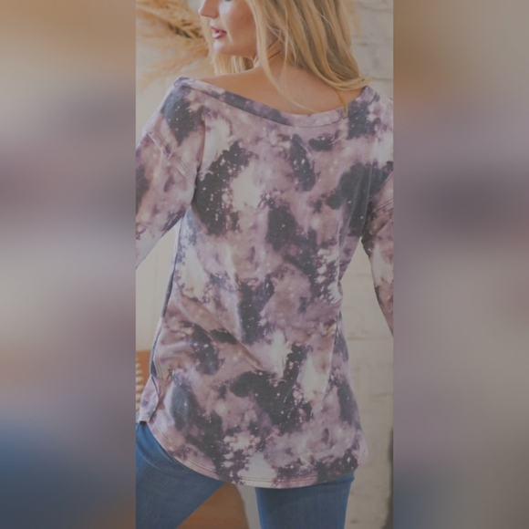 Purple Tie Dye Mix Raw Edge Thumbhole Long Sleeve Top - Picture 3 of 4